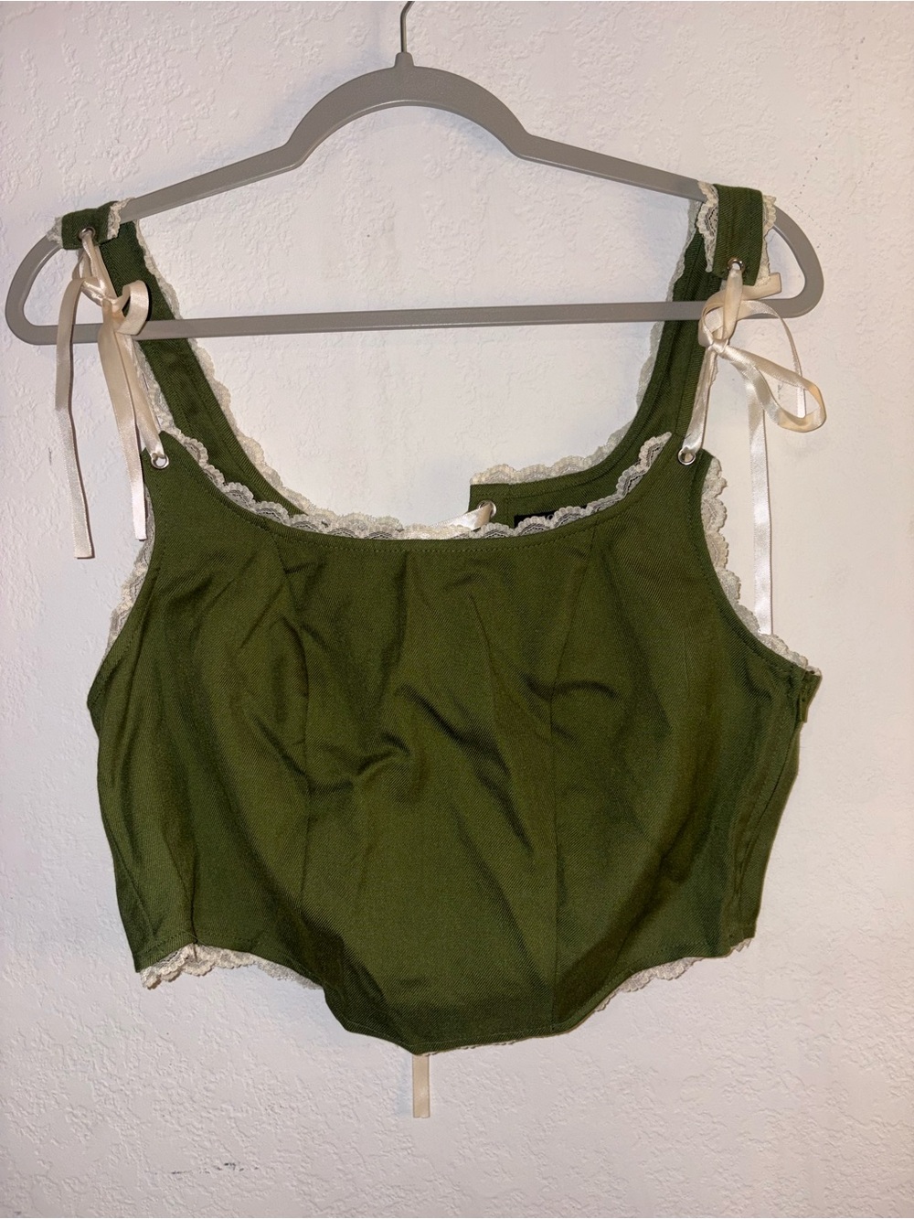 Olive Green Lace-Trim Tie-Shoulder Chemise Top